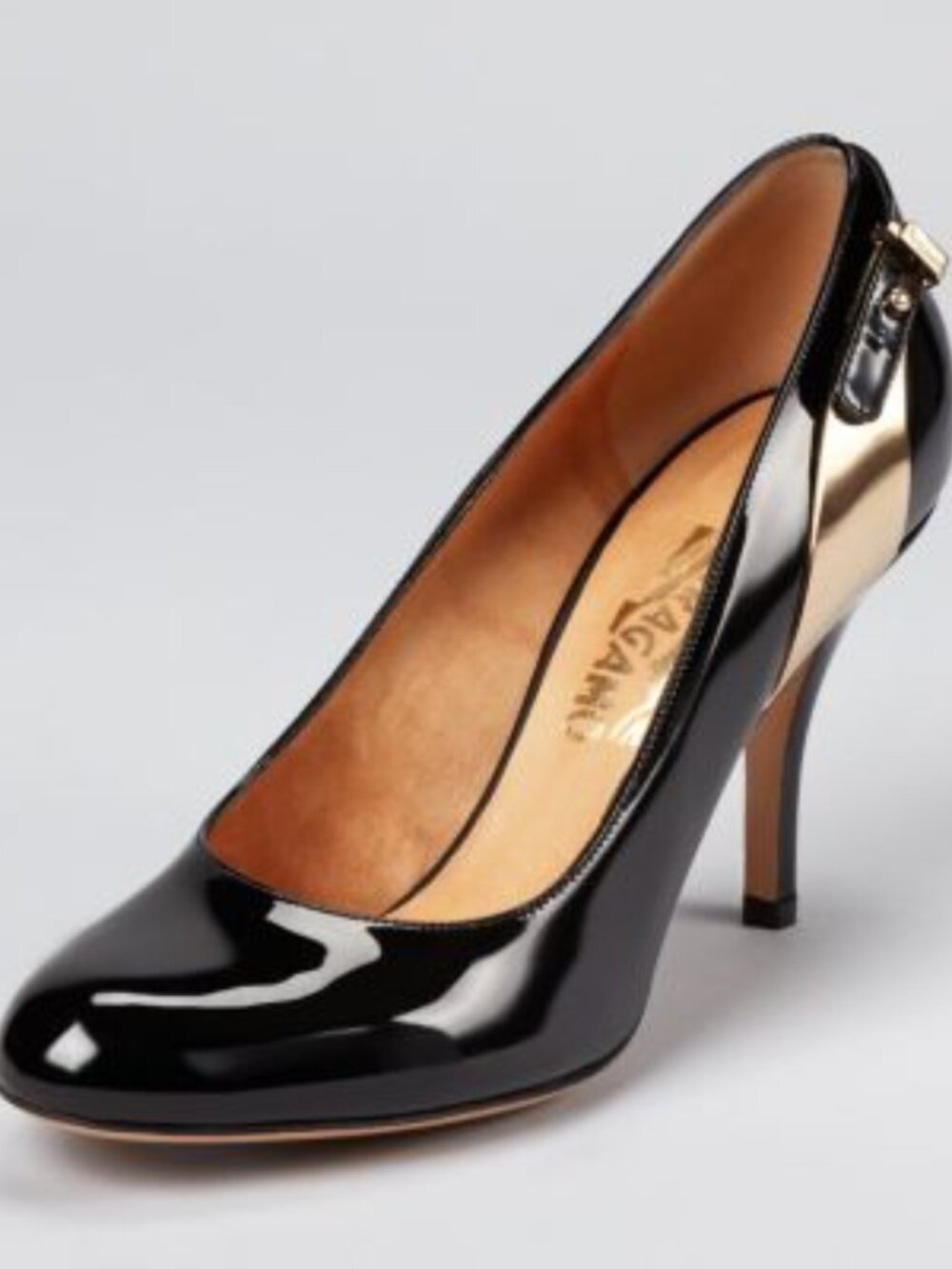 Ferragamo Benny 85 Patent Leather Heels Black Gold Hardware 9.5